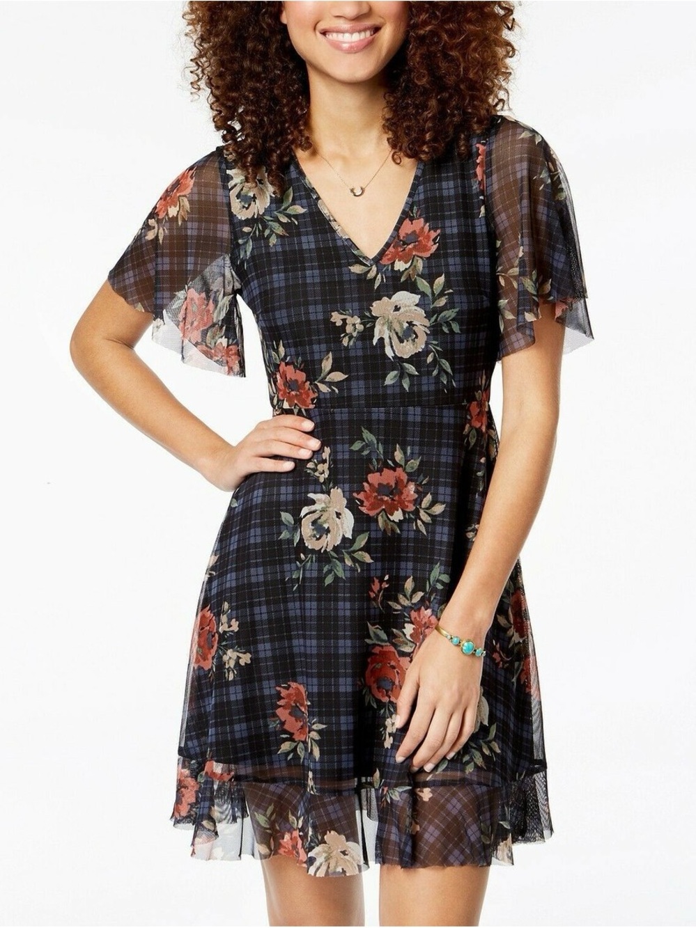 American Rag Black Plaid Mini Dress with Red & Cream Floral Print